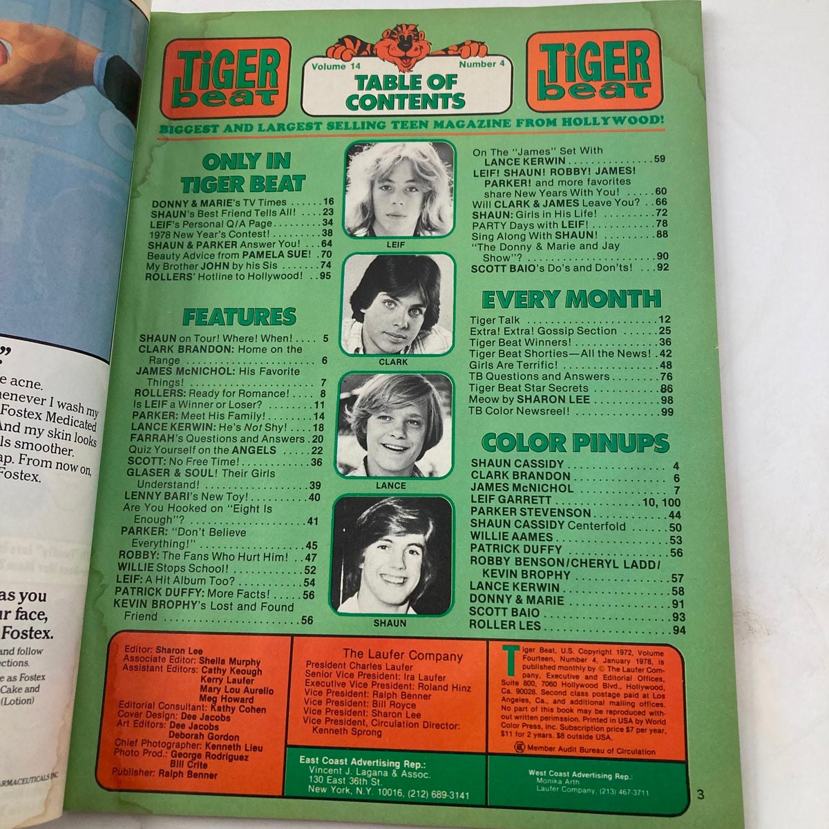 Table of contents from Tiger Beat Magazine January 1978, highlighting articles and features including Shaun Cassidy, Scott Baio, and various teen star profiles.
