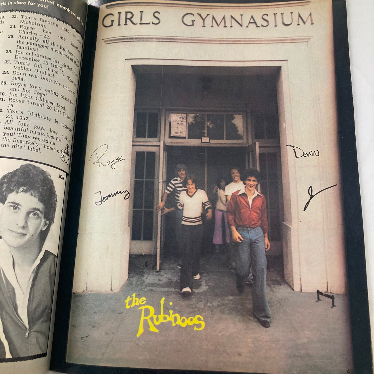 Image of the Rubinoos band outside a girls gymnasium featured in Tiger Beat Magazine March 1977, capturing 70s youth culture.