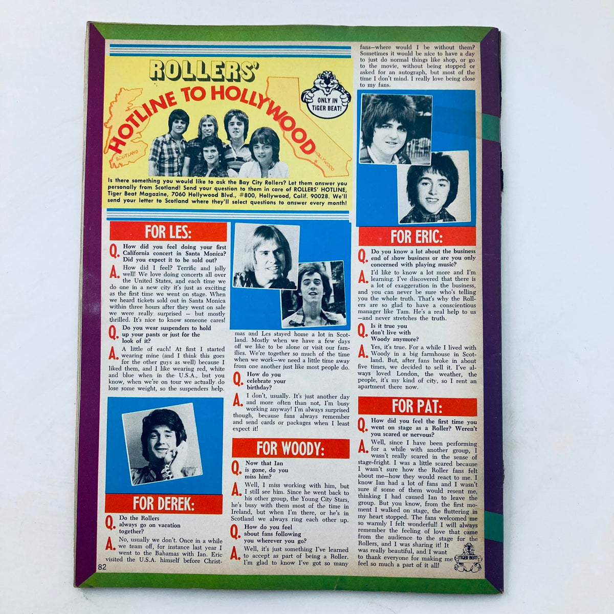 Tiger Beat Magazine March 1977 page featuring the Bay City Rollers' 'Hotline to Hollywood' Q&A segment, showcasing interviews with band members and nostalgic pop culture references.