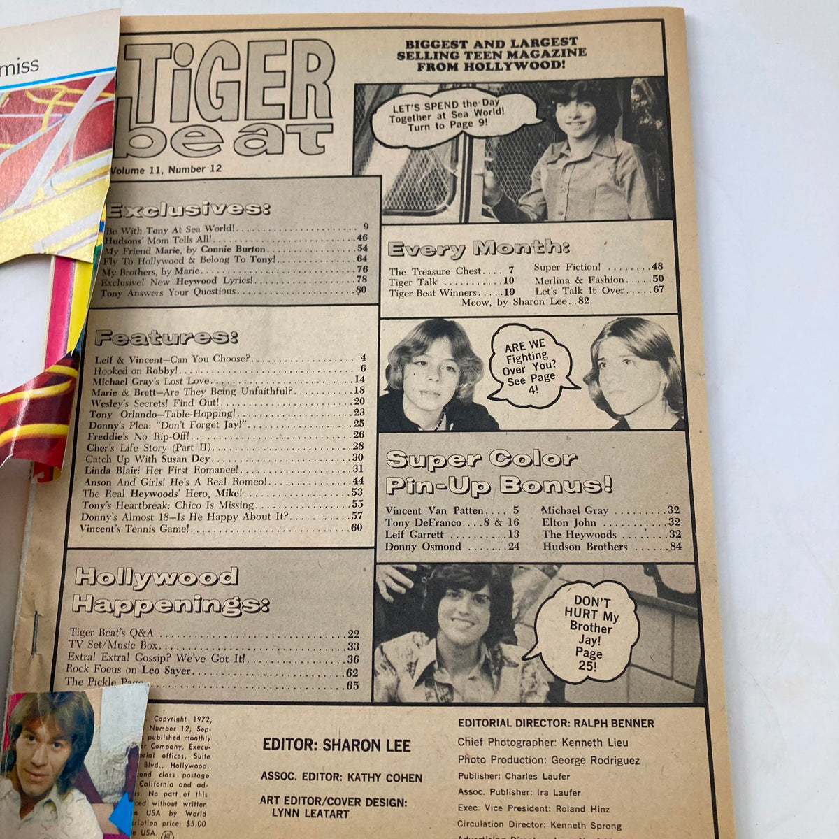 Interior page of Tiger Beat Magazine September 1975 displaying features and content details, with a focus on popular stars and teen culture.