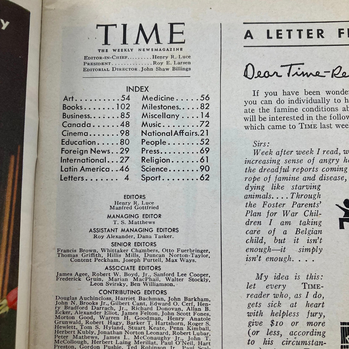 Index page of the VTG Time Magazine May 13 1946 featuring articles and editors relevant to the historical period.