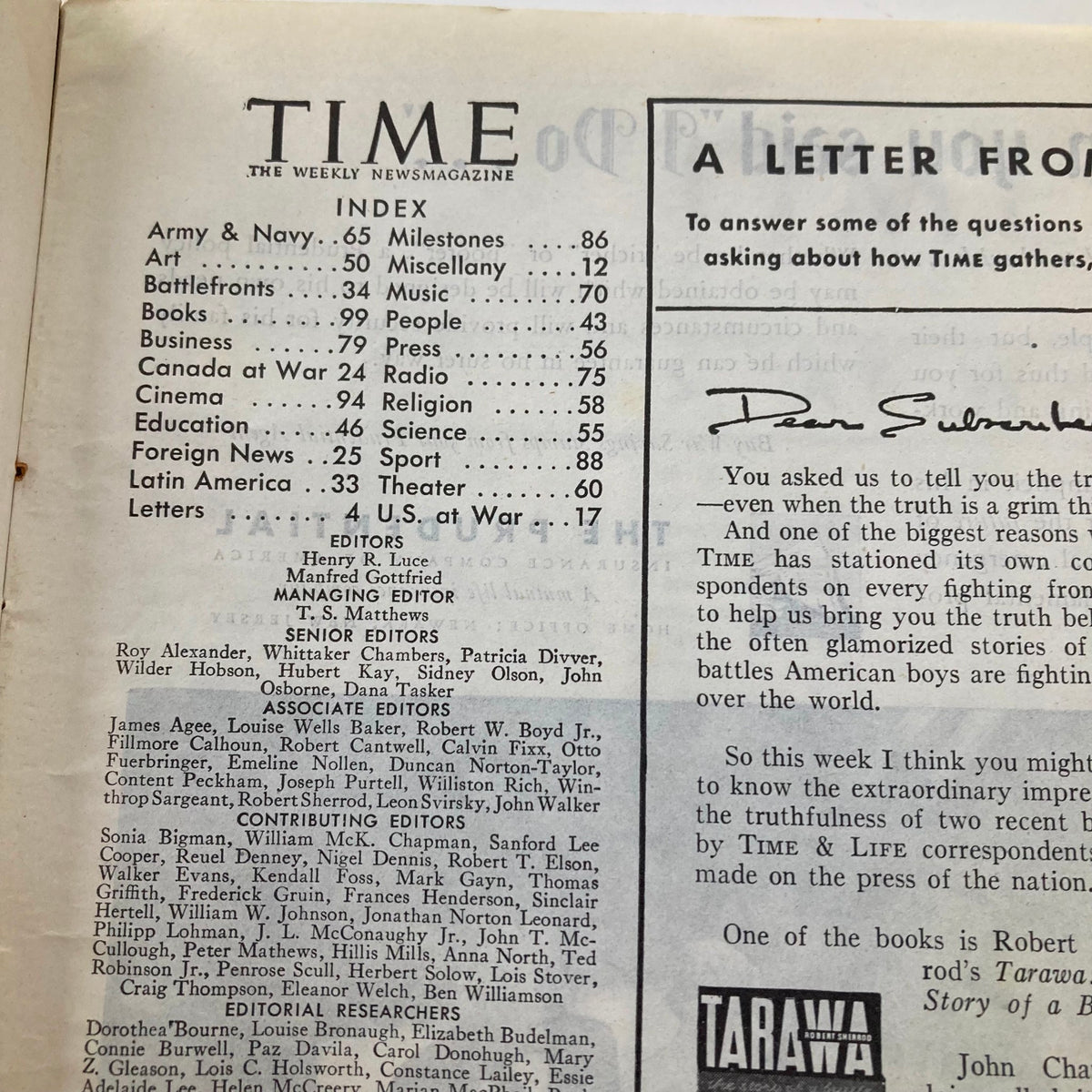 Inside page of the vintage Time Magazine from March 27, 1944 showing the index listing significant articles, including topics related to WWII and global affairs.