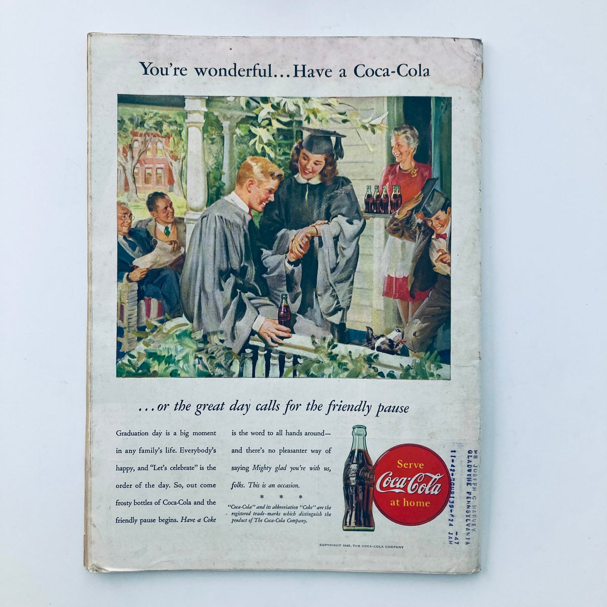 Back cover of the May 6 1946 Time Magazine, featuring a Coca-Cola advertisement celebrating graduation and family moments.