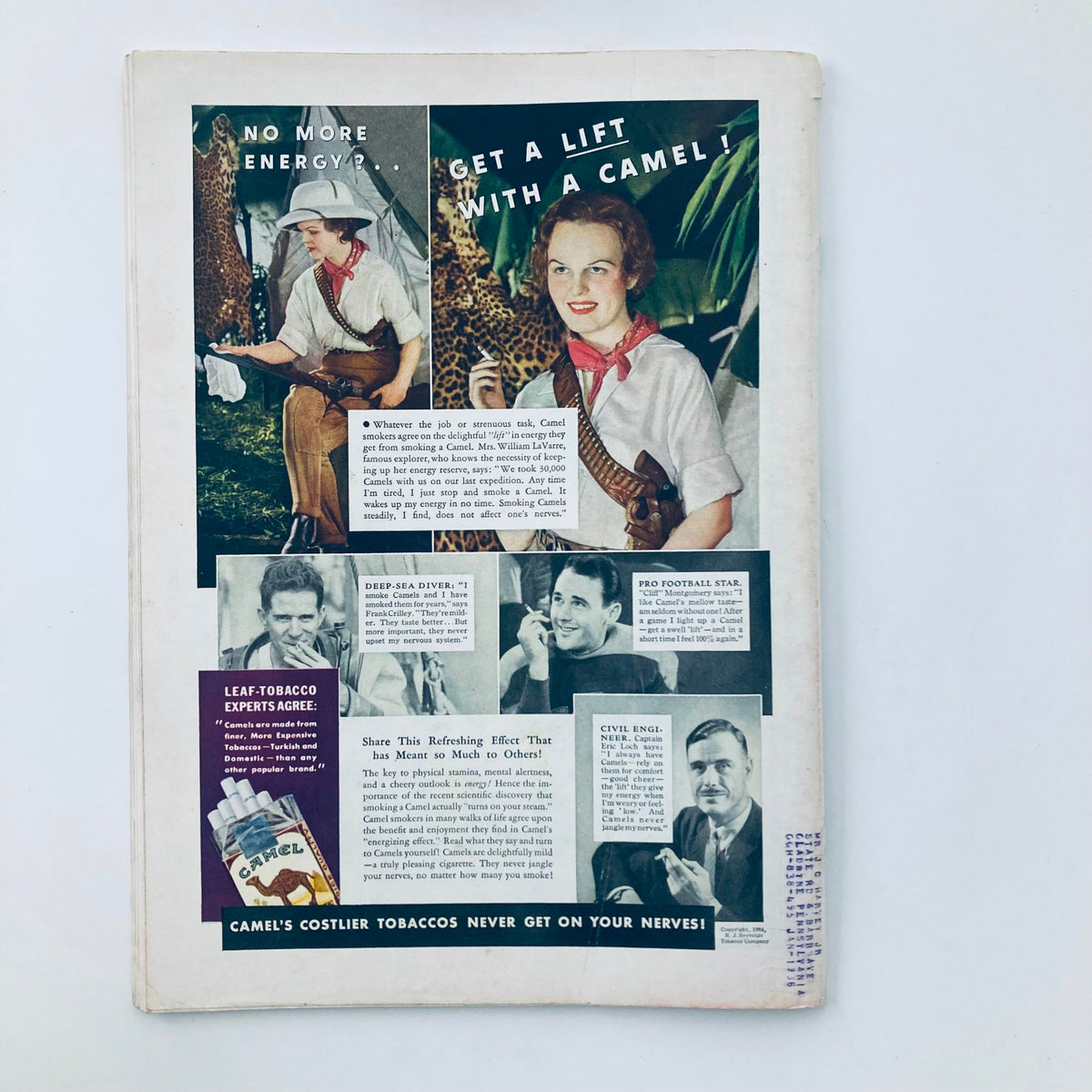 Back cover of VTG Time Magazine from January 7, 1935, featuring vintage advertisements, including a Camel cigarette ad. This illustration reflects advertising trends of the era and complements the historical significance of the magazine's content.
