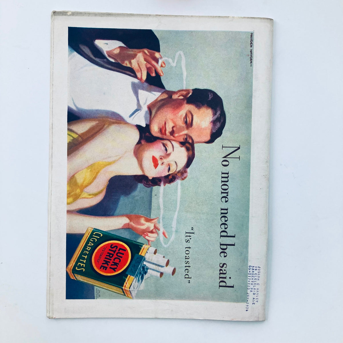 Back cover of Vintage Time Magazine, July 24, 1933, showcasing an advertisement for Lucky Strike cigarettes featuring a glamorous couple, highlighting the stylish culture of the era.