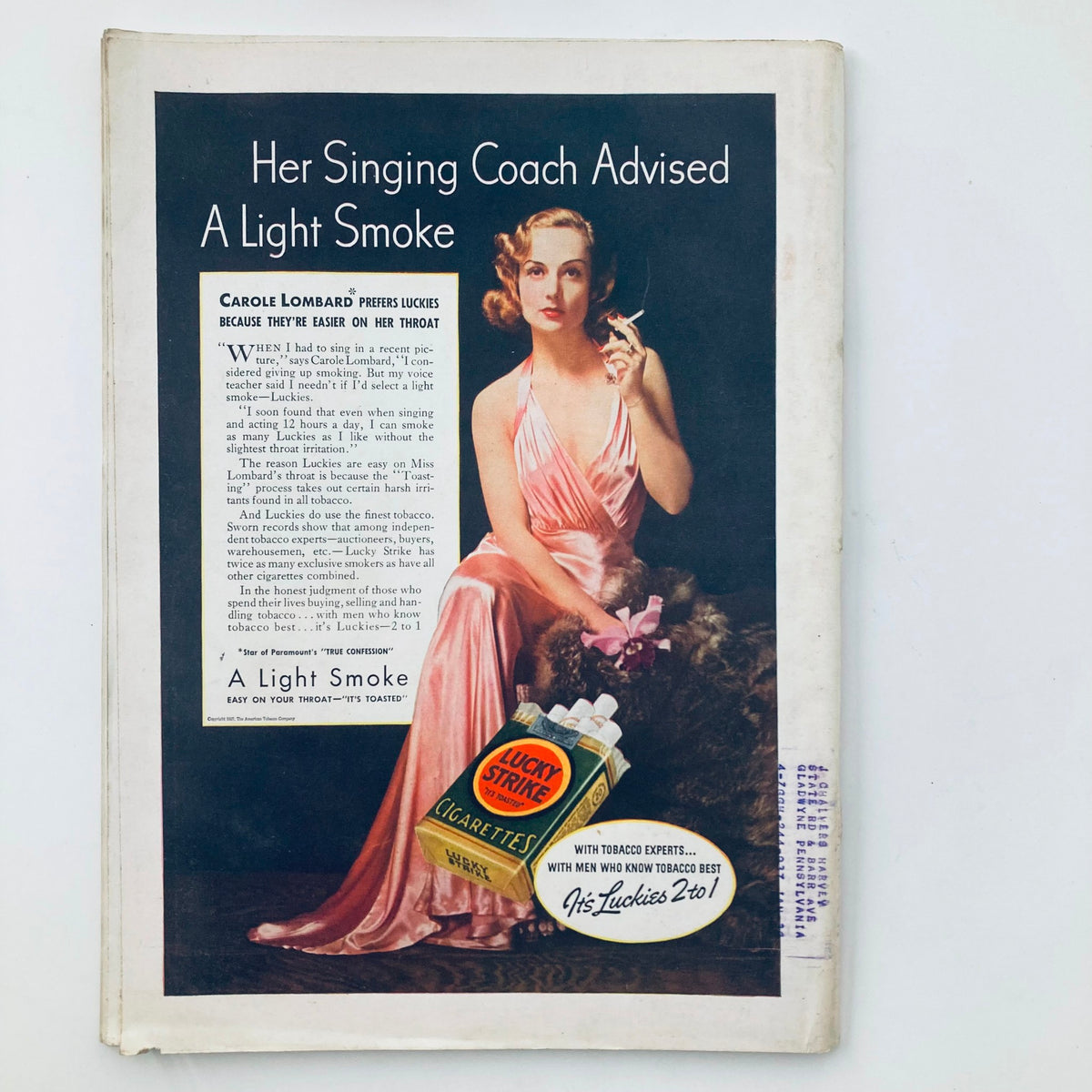 Back cover of the VTG Time Magazine November 1, 1937, showcasing an advertisement for Lucky Strike cigarettes with a glamorous model.
