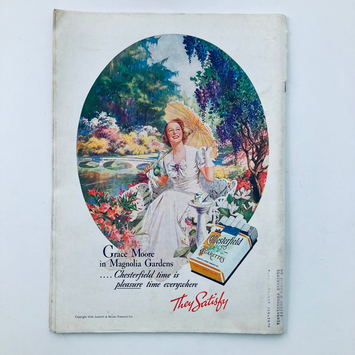 Back cover of VTG Time Magazine July 25 1938, featuring an advertisement for Chesterfield cigarettes.