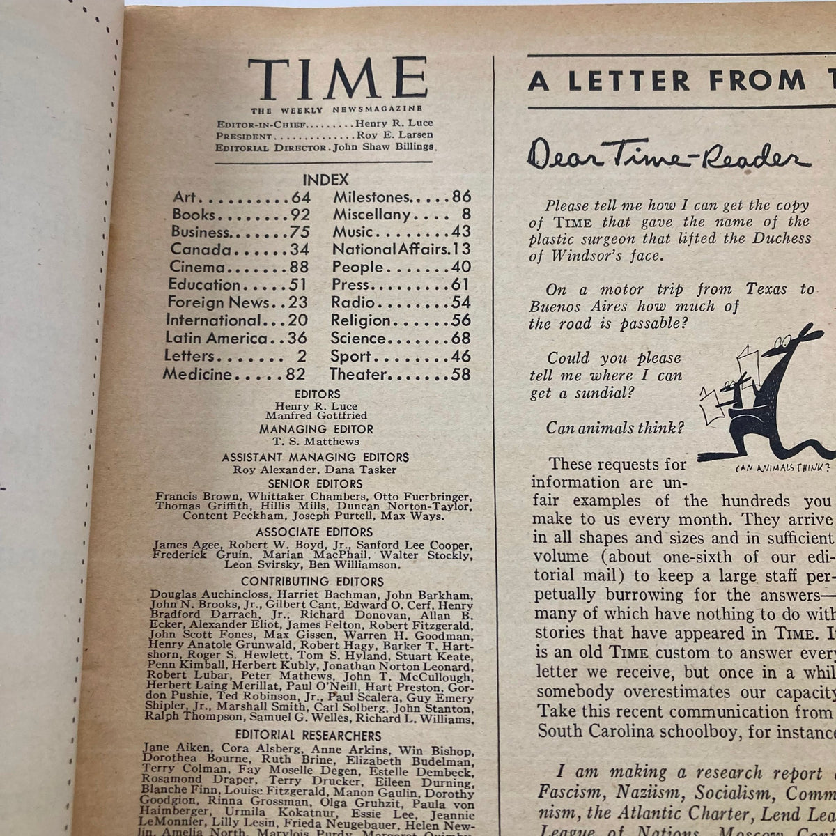 Inside page of the Vintage Time Magazine July 29, 1946, displaying the index and editorial information.