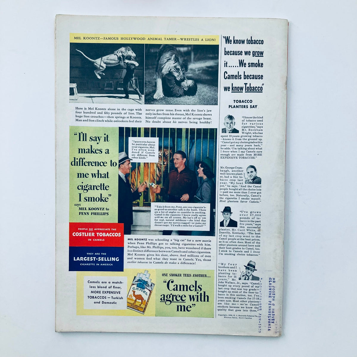 Back cover of the Vintage Time Magazine from April 11, 1938, highlighting an advertisement featuring Mel Koontz, famous Hollywood animal tamer. Volume 31, Issue 15.