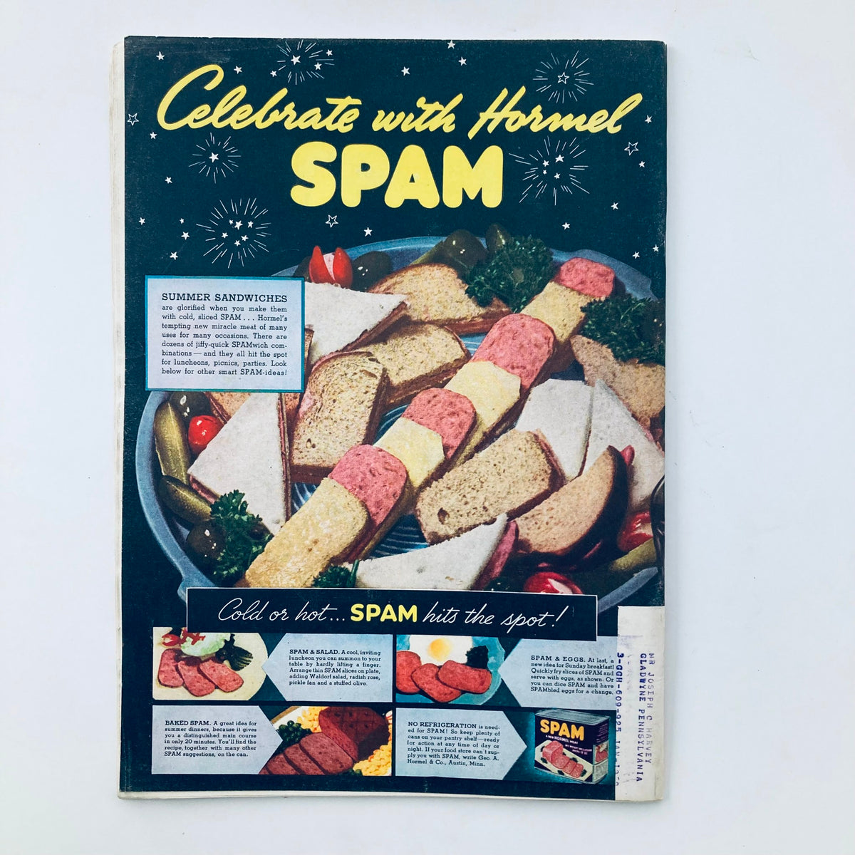 Vintage advertisement for Hormel SPAM featuring a colorful platter of summer sandwiches, promoting versatile uses for SPAM.