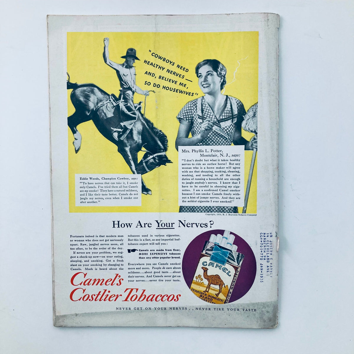Back cover of Vintage Time Magazine February 5 1934 highlighting Camel's Costlier Tobaccos advertisement, showcasing a cowboy and a woman.