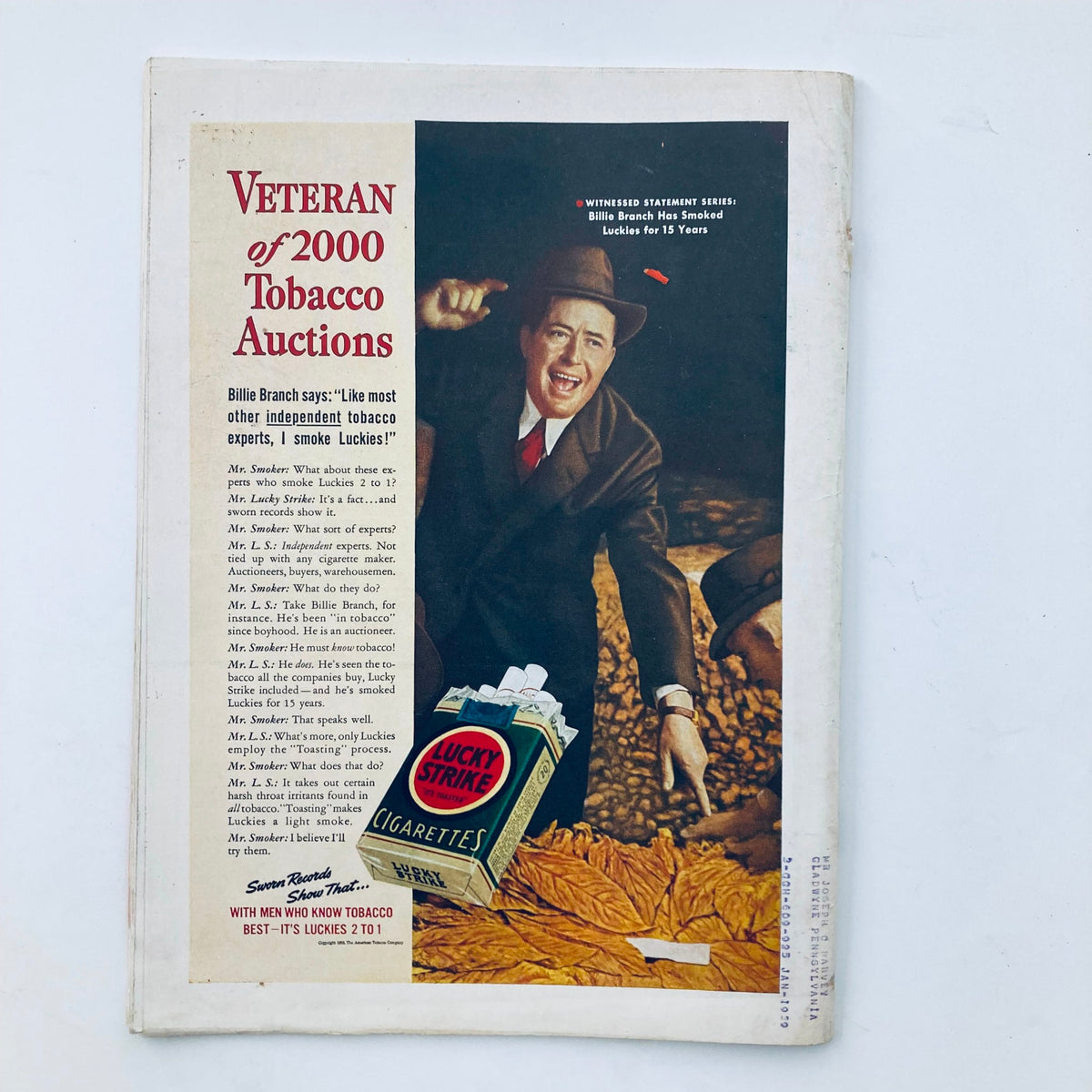 Advertisement page from VTG Time Magazine July 11 1938, showcasing Willie Branch for Lucky Strike cigarettes, featuring a colorful image and text about tobacco auctions.
