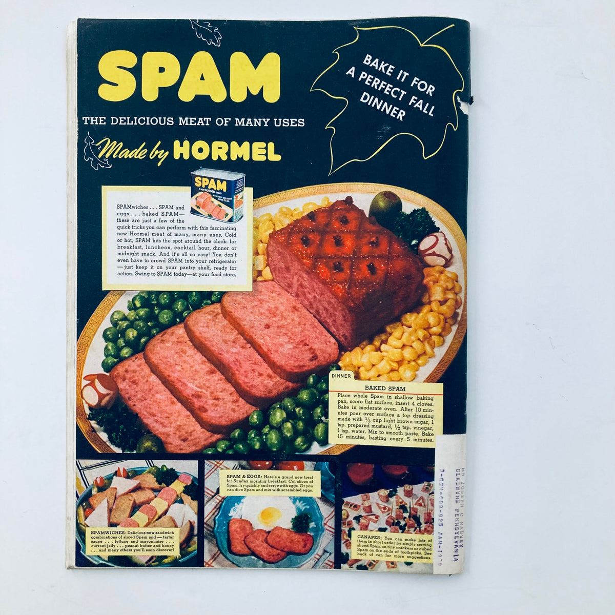 Cover image of VTG Time Magazine from September 12, 1938, featuring an advertisement for Spam by Hormel, showcasing the product with meal suggestions and recipes, highlighting the culinary versatility of Spam.