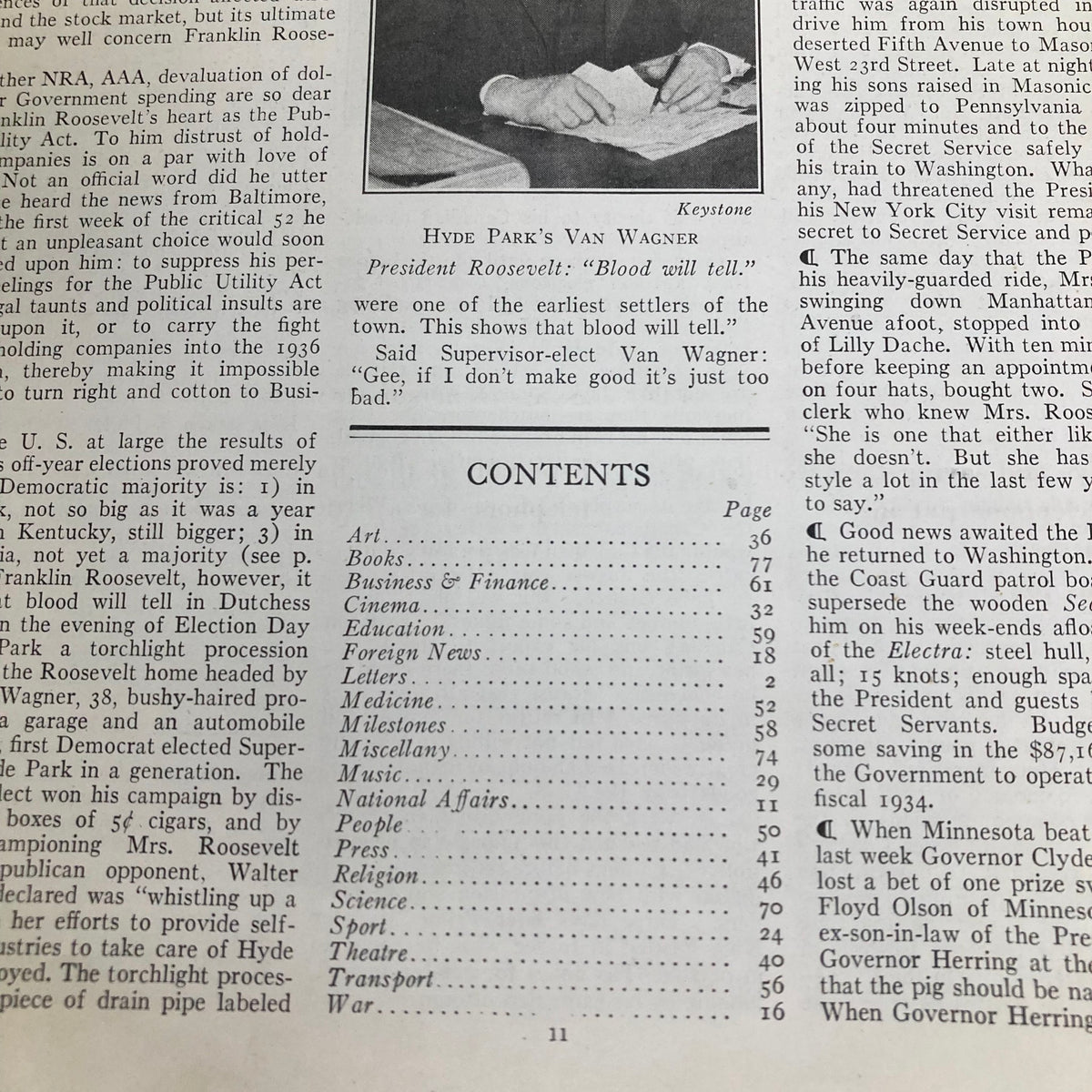Interior page of VTG Time Magazine from November 18, 1935, displaying table of contents and articles from that era, emphasizing the magazine's historical context.