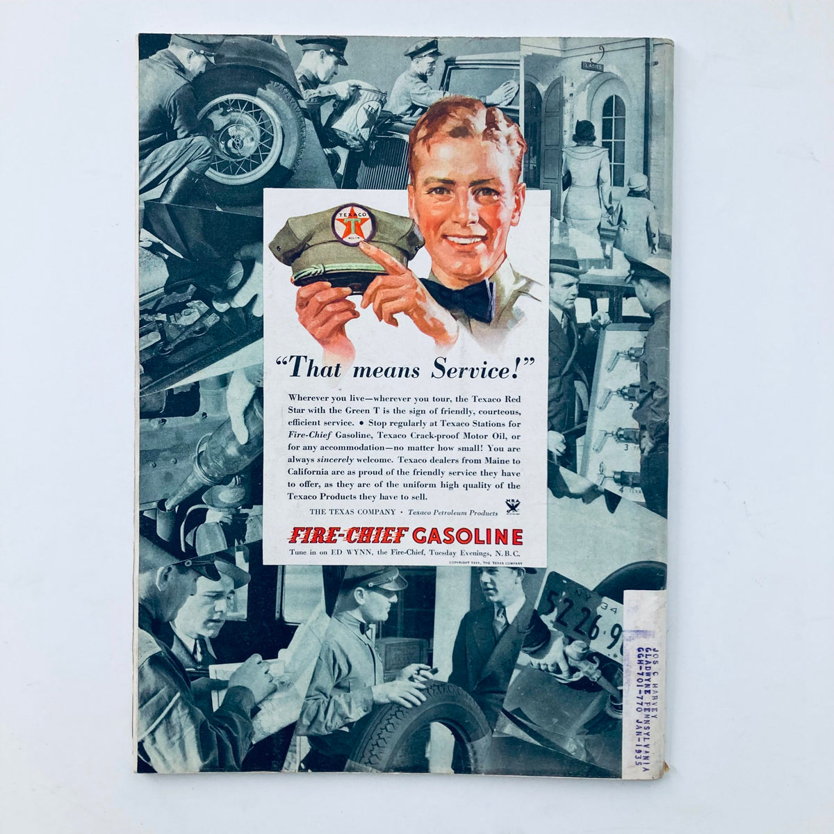 Back cover of Time Magazine from May 7, 1934, featuring an advertisement for Fire-Chief Gasoline, showcasing service and historical context.