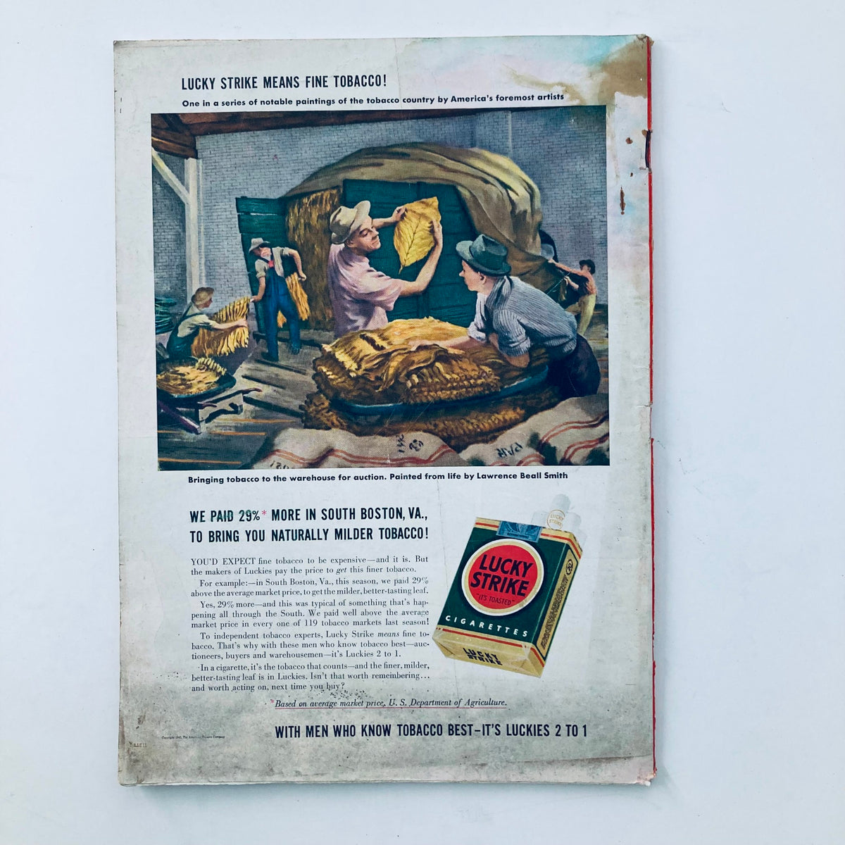 Back cover of the VTG Time Magazine April 13 1942 Vol 39 No. 15 featuring an advertisement for Lucky Strike Cigarettes, showcasing artists working with tobacco leaves.
