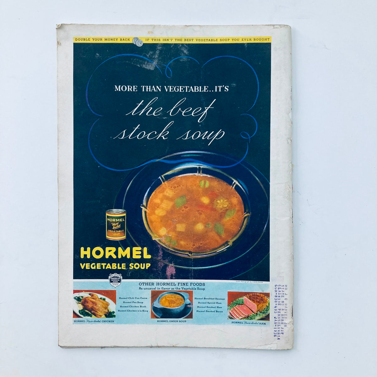 Back cover advertisement for Hormel Vegetable Soup from VTG Time Magazine December 9 1935, showcasing the product and other Hormel fine foods.
