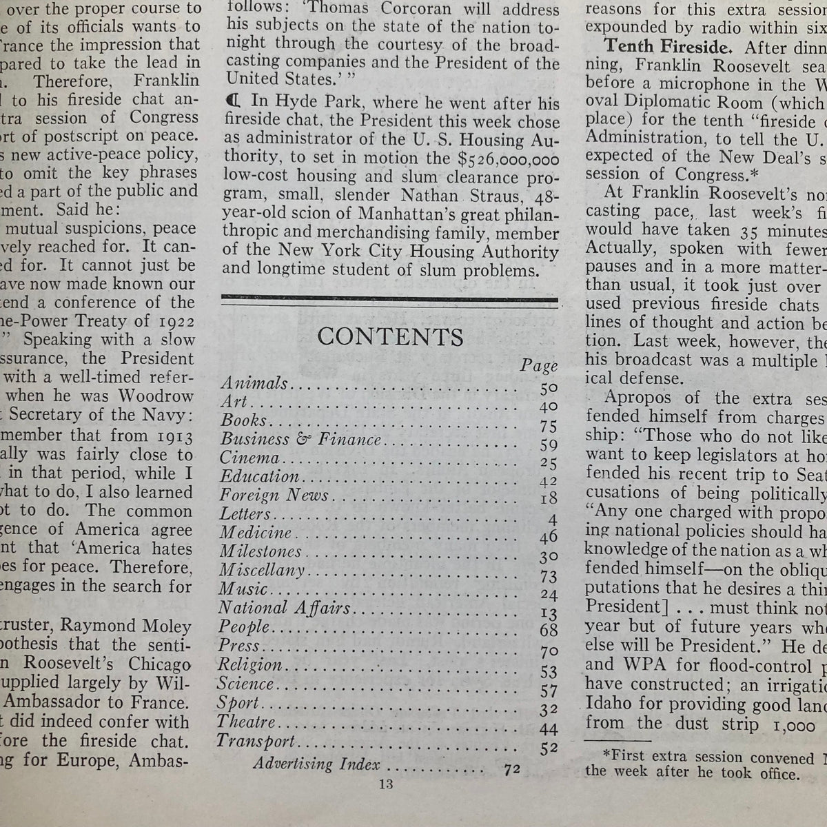 Table of contents page from VTG Time Magazine October 25 1937, providing insights into the featured articles and topics of the issue.