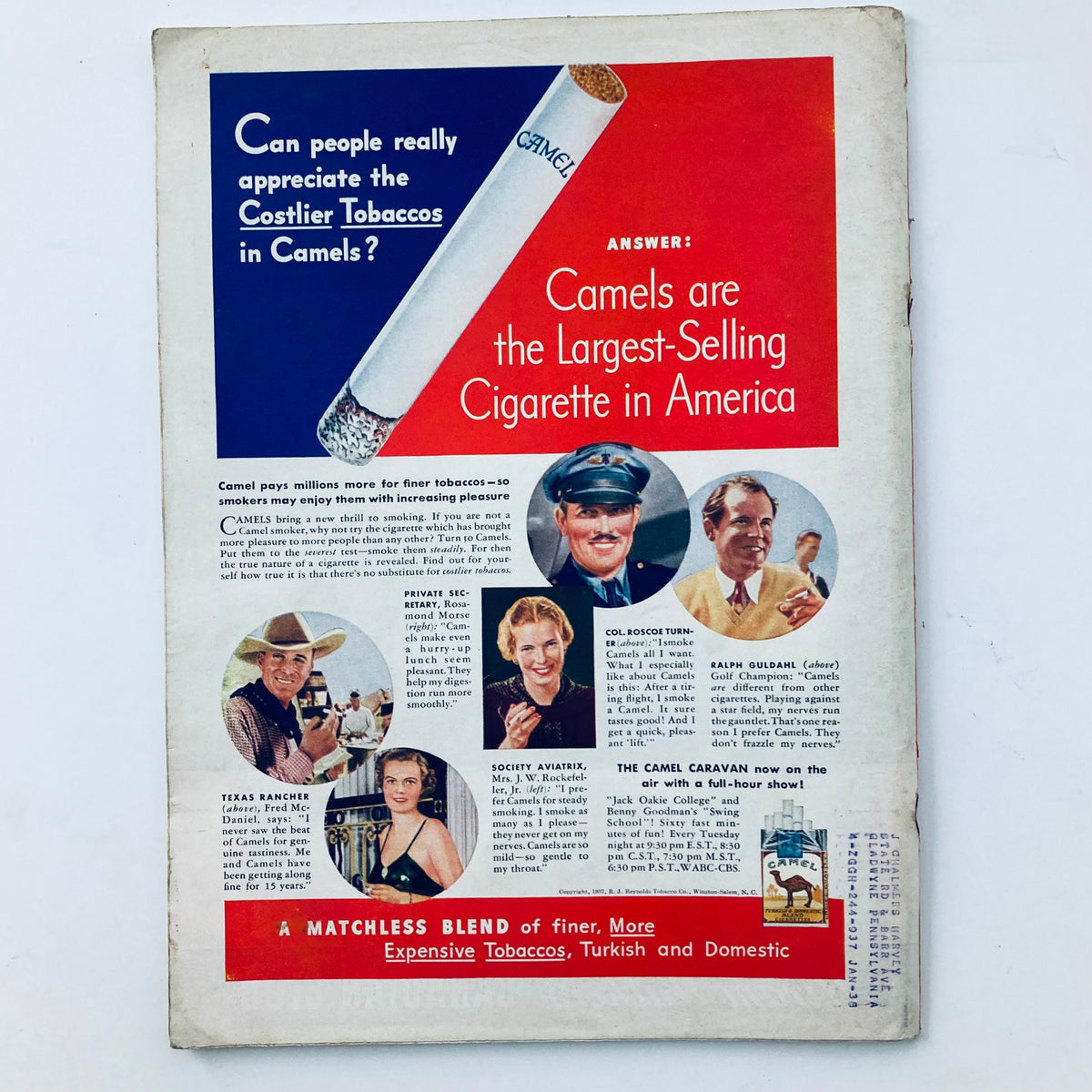 Vintage advertisement from VTG Time Magazine October 25 1937 Vol 30 No. 17 featuring Camel cigarettes, highlighting their popularity and endorsements from various individuals.
