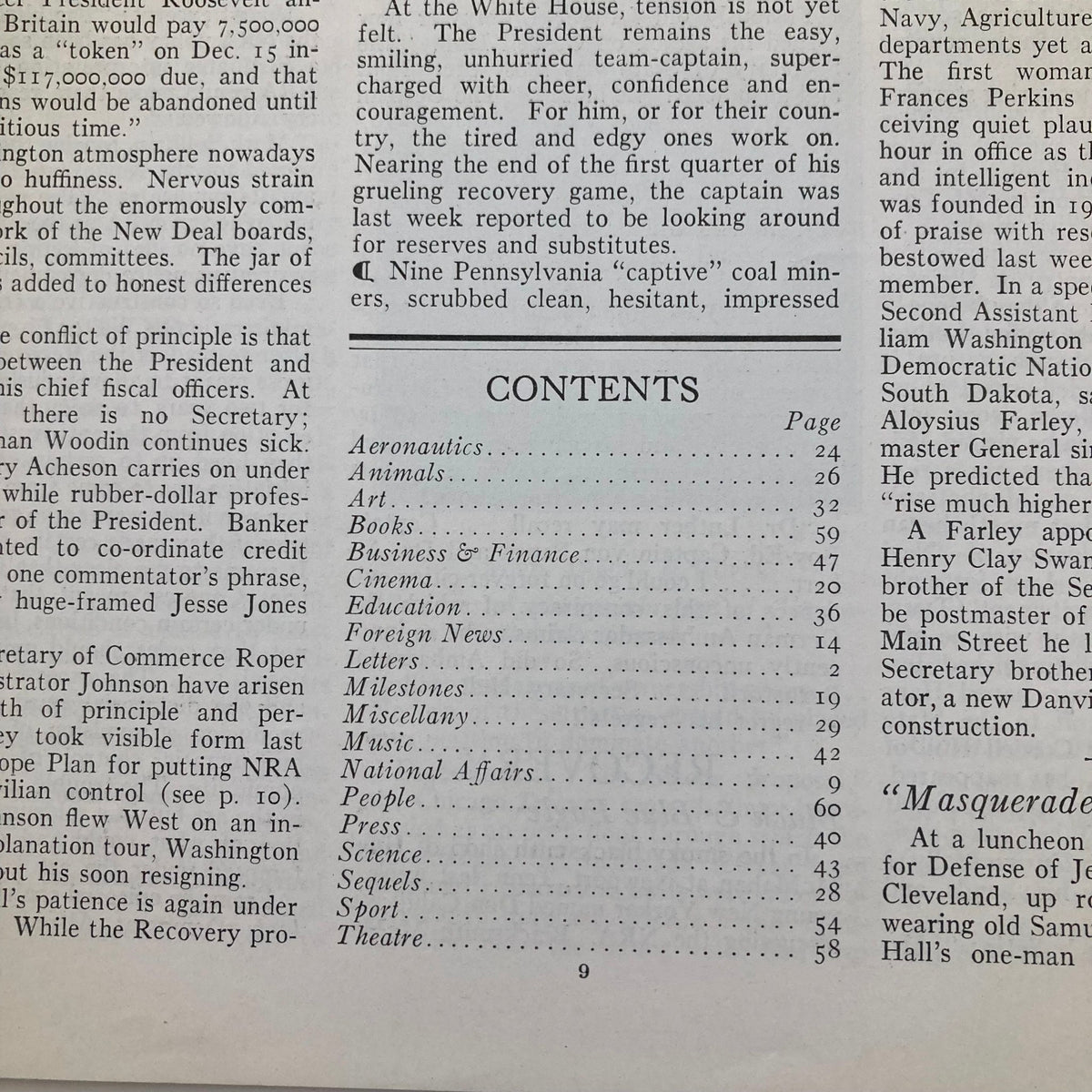 Contents page from the VTG Time Magazine November 13 1933, Volume 22, Number 20, highlighting various articles including topics on aeronautics, animals, and national affairs.