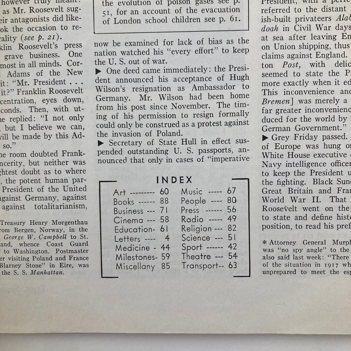 Inside page of VTG Time Magazine September 11 1939 Vol 34 No. 11 with an index and content description, reflecting the historical context of Poland during the onset of World War II.