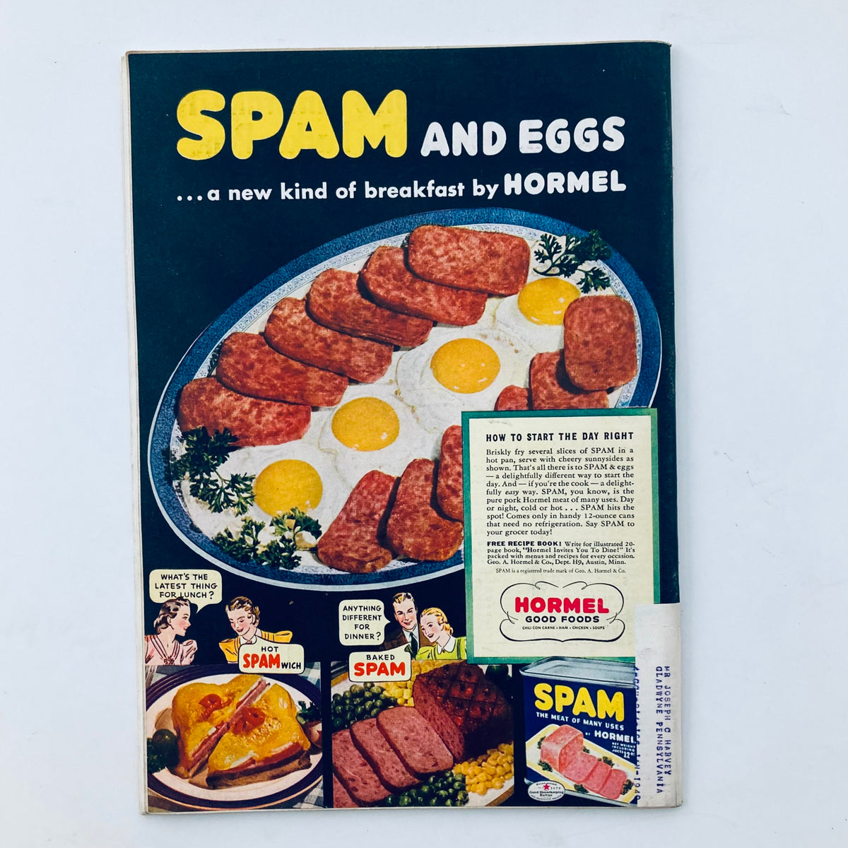 Back cover of VTG Time Magazine September 11 1939 Vol 34 No. 11 displaying a vintage advertisement for Hormel Spam and Eggs, showcasing 1930s food marketing.