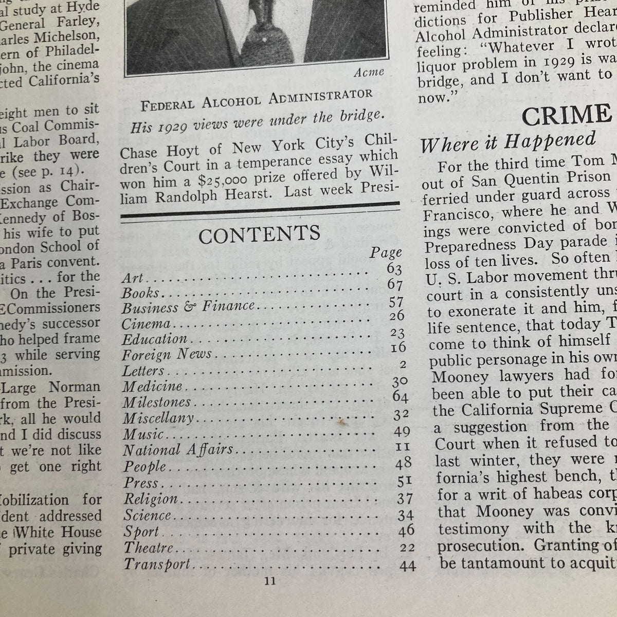Contents page of VTG Time Magazine September 30 1935 Vol 26 No. 14 featuring articles on art, business, cinema, and notable historical events.