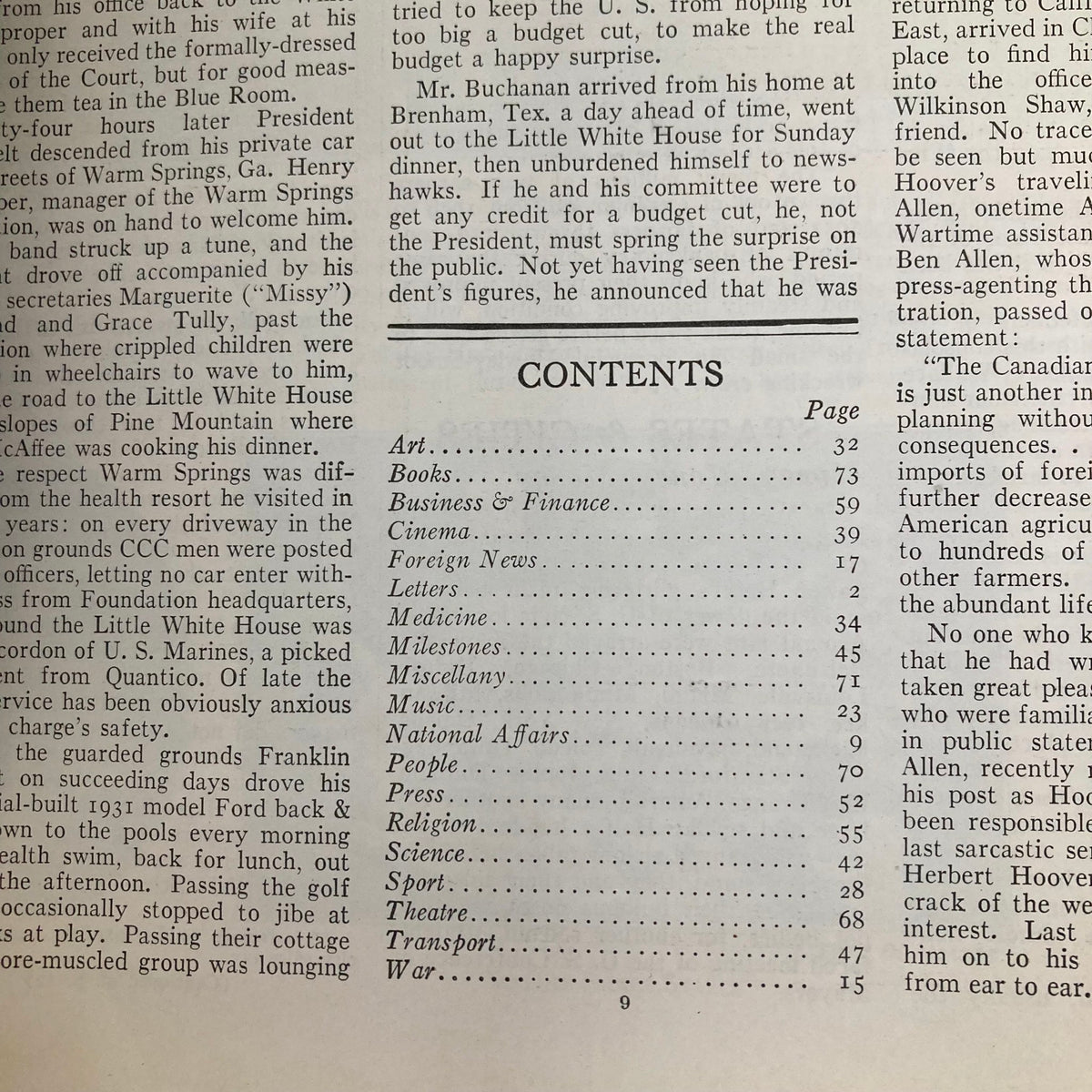 Interior content page of VTG Time Magazine December 2 1935, featuring the articles and topics of Volume 26 Number 23.
