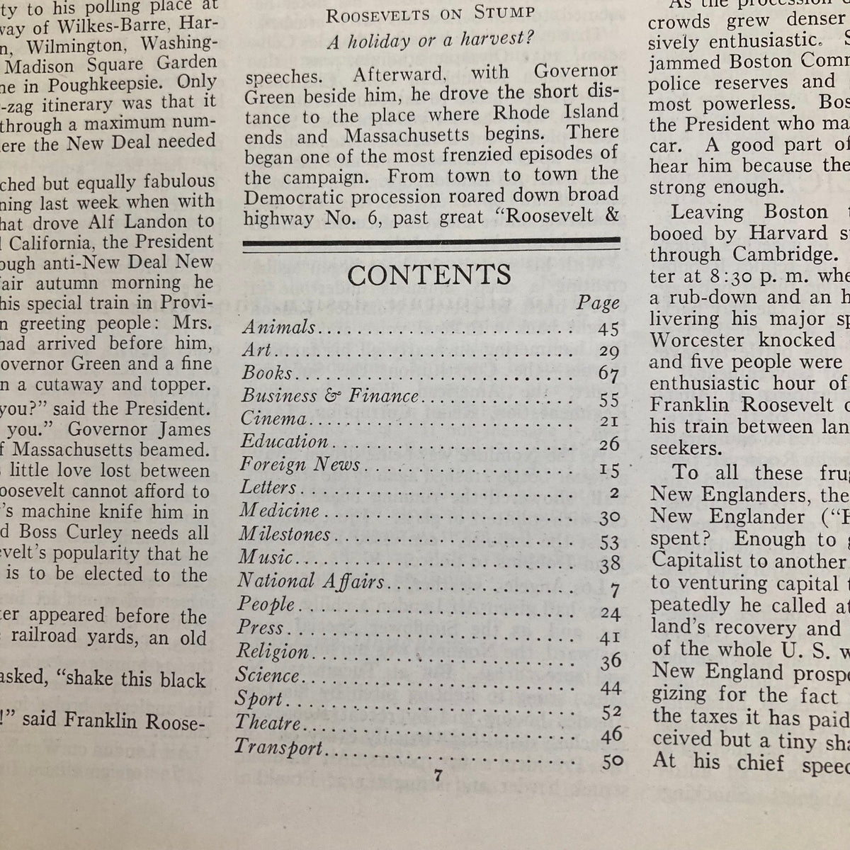 Contents page of the November 2, 1936 issue of Time Magazine, detailing articles covering business, politics, and society during the 1930s.