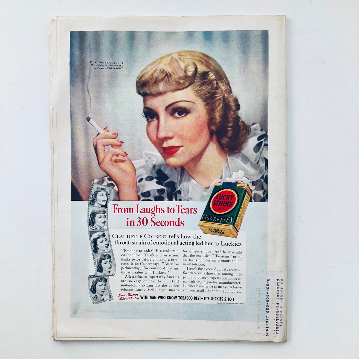 Back cover of VTG Time Magazine from March 21, 1938, featuring an advertisement with actress Claudette Colbert promoting Lucky Strike cigarettes, highlighting vintage advertising styles and celebrity endorsements from the 1930s.