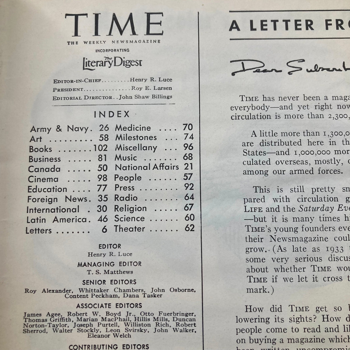 Interior page of VTG Time Magazine October 29, 1945, showcasing the contents index, indicating various articles and topics covered in this historical issue.