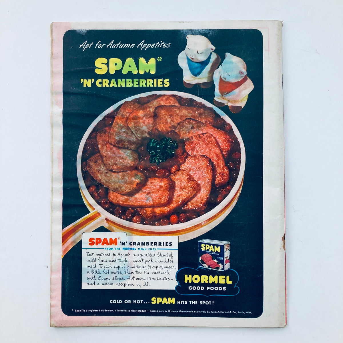 Vintage advertisement for Spam 'n' Cranberries from the October 1945 edition of Time Magazine, illustrating a dish and promotional content related to Hormel Foods.