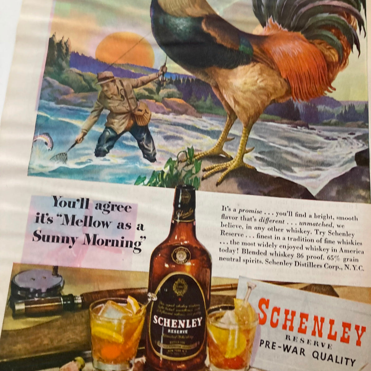 Advertisement for Schenley Reserve whiskey from the October 1945 issue of Time Magazine, featuring a captivating illustration and promoting whiskey as a smooth and enjoyable beverage.