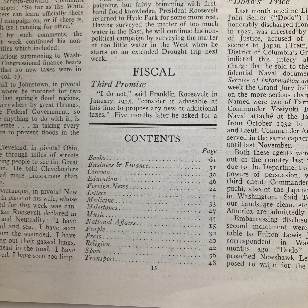Content page excerpt from VTG Time Magazine August 24 1936 showcasing articles on business, politics, and national affairs, illustrating the magazine's diverse reporting style.