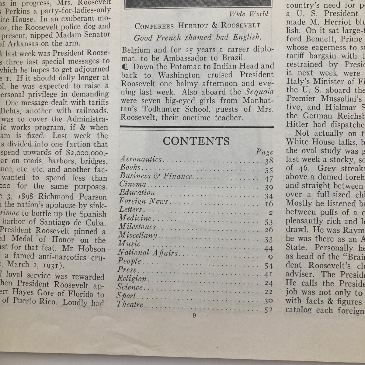 Inside page of VTG Time Magazine May 8 1933 showcasing the table of contents with articles relevant to political economics.