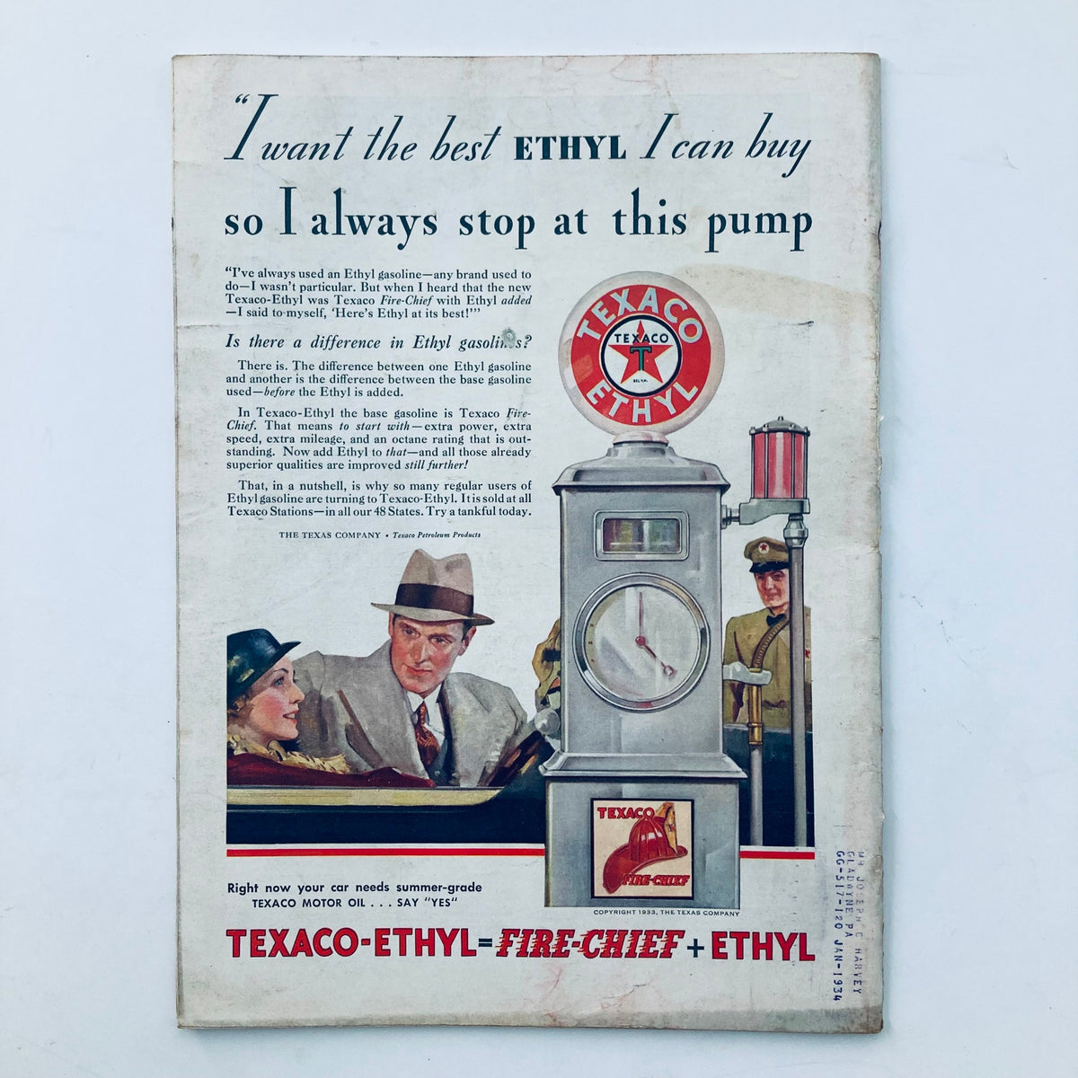 Back cover of VTG Time Magazine May 8 1933 featuring a Texaco advertisement for Ethyl gasoline.