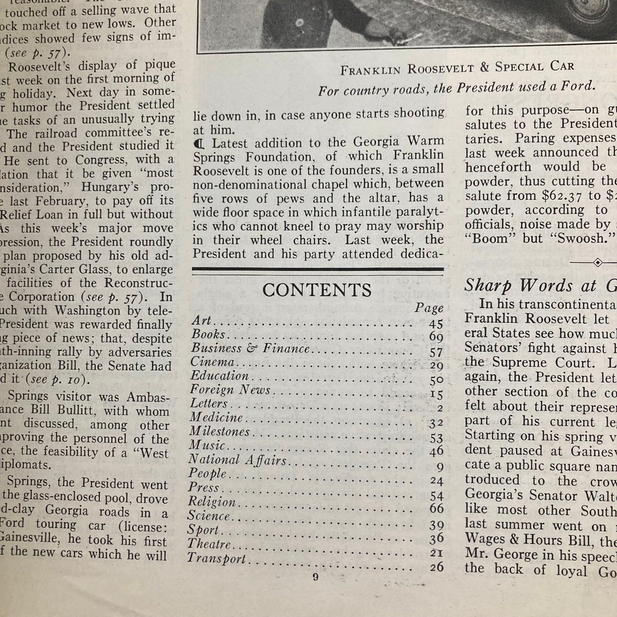 Interior contents page of the VTG Time Magazine from April 4, 1938. The page showcases the structure of the magazine including articles related to Franklin Roosevelt and various topics of the time.