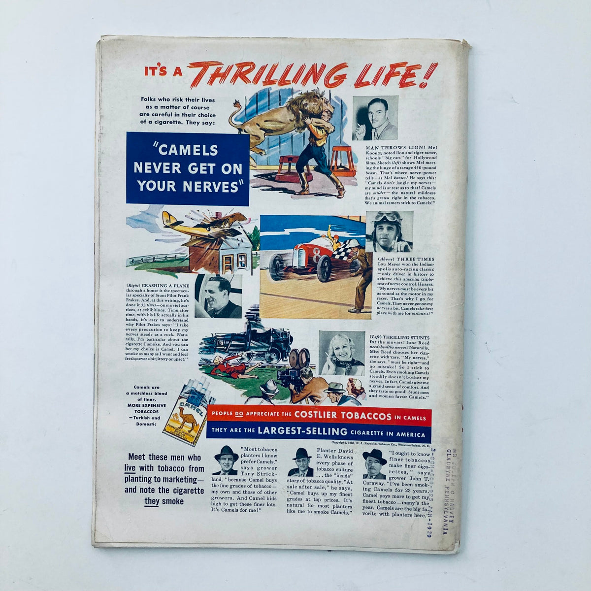 Back cover of Vintage Time Magazine from October 24, 1938, displaying an advertisement for Camel cigarettes.