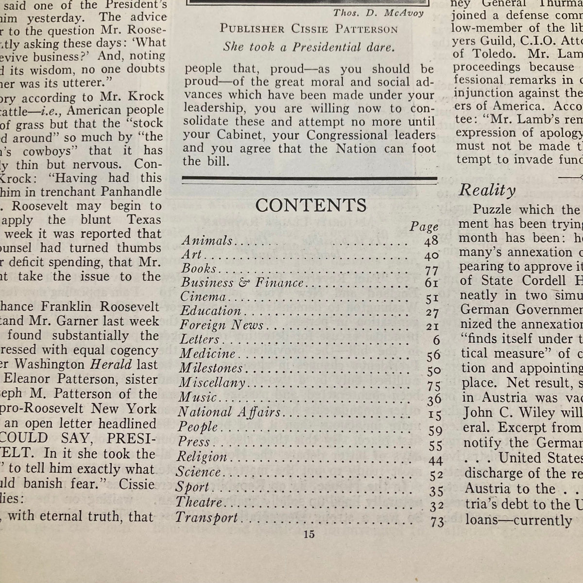 Inside content page of Vintage Time Magazine April 18 1938, detailing articles and features from Volume 31 Number 16.