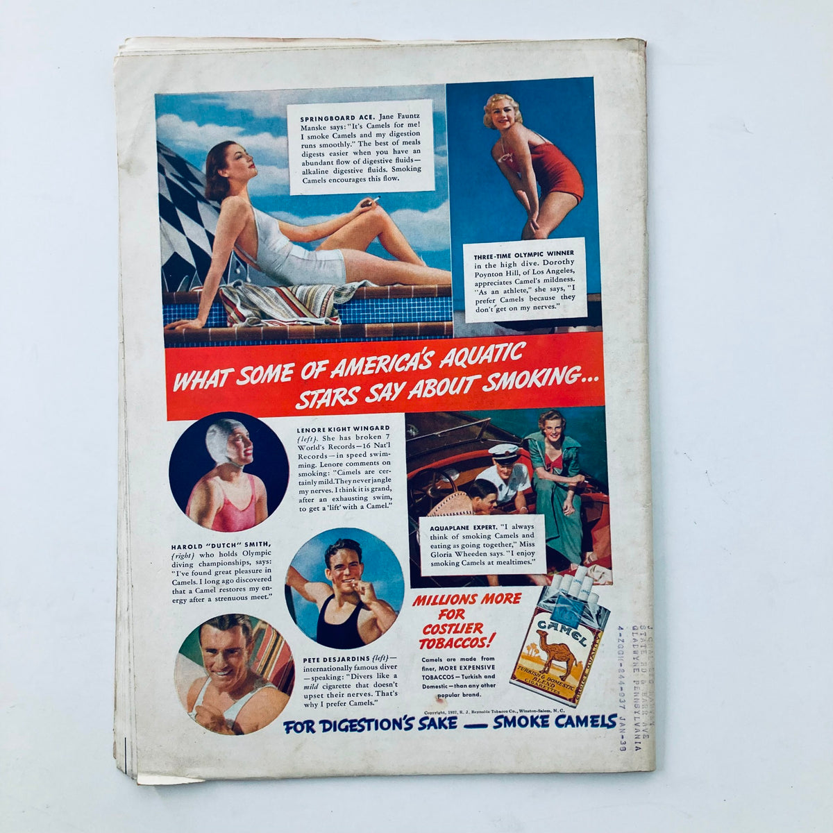 Back cover advertisement of VTG Time Magazine August 30 1937 promoting Camel cigarettes with images of aquatic stars and their endorsements.