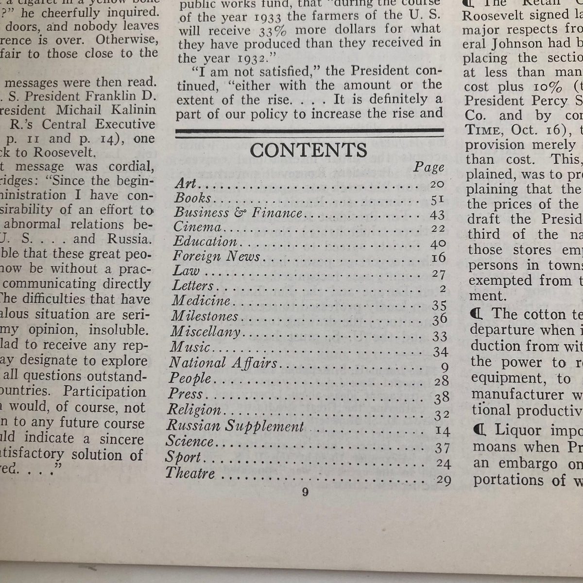 Contents page of VTG Time Magazine October 30, 1933, showcasing topics such as Art, Business & Finance, and National Affairs.