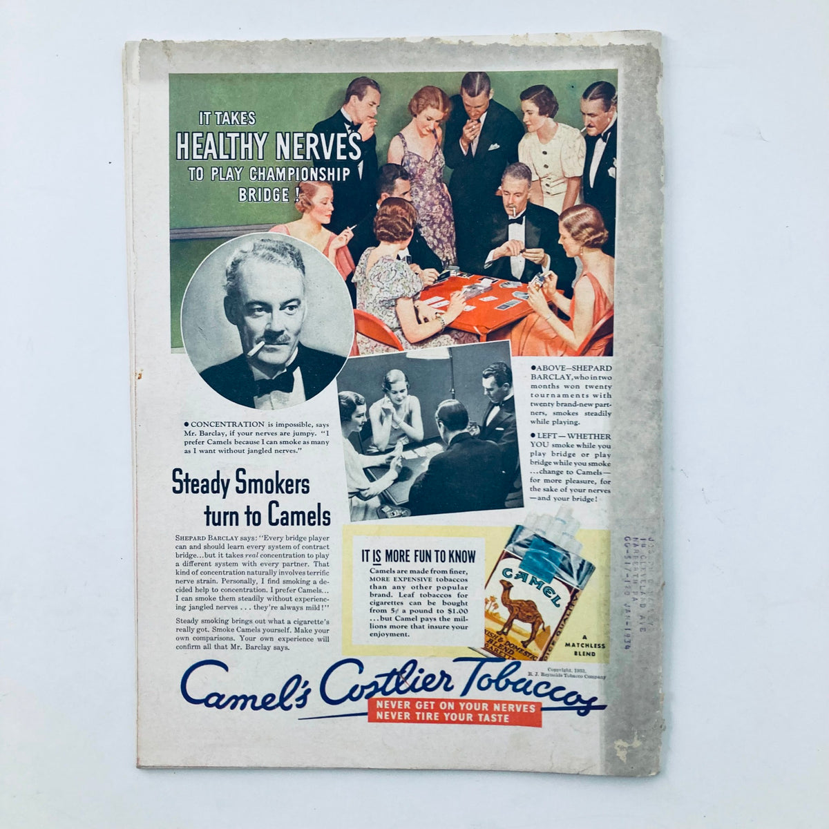 Back cover of VTG Time Magazine October 30, 1933 showing a vintage advertisement for Camel cigarettes highlighting bridge games.