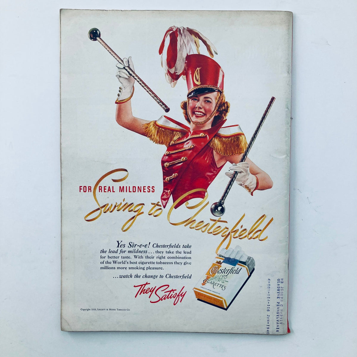 Back cover of VTG Time Magazine October 16 1939 with a vintage advertisement for Chesterfield cigarettes featuring a smiling woman in a marching band uniform.