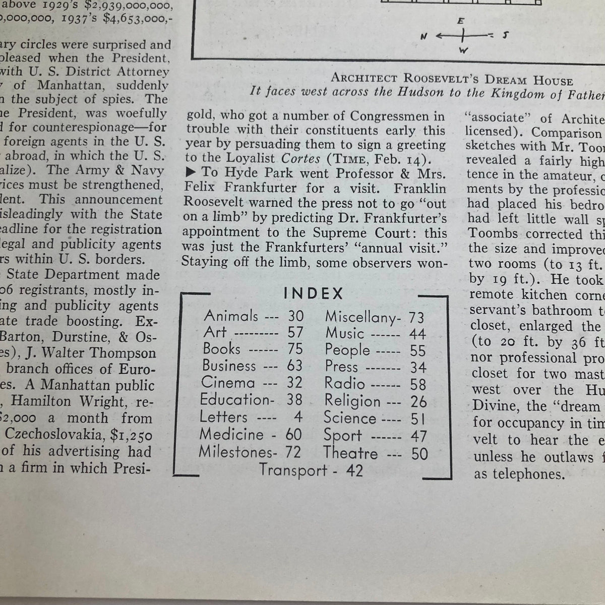 Interior page of VTG Time Magazine from October 17, 1938, featuring an index section highlighting articles related to arts, education, and business.