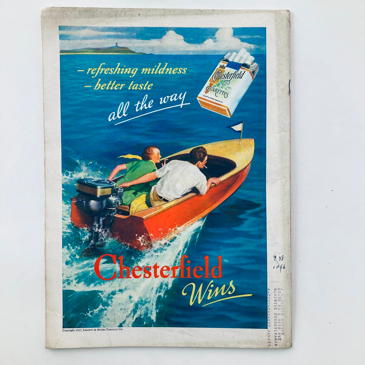 Vintage Time Magazine June 28, 1937 featuring an advertisement for Chesterfield cigarettes with a boat scene, showcasing a vibrant design that reflects the era's advertising style.