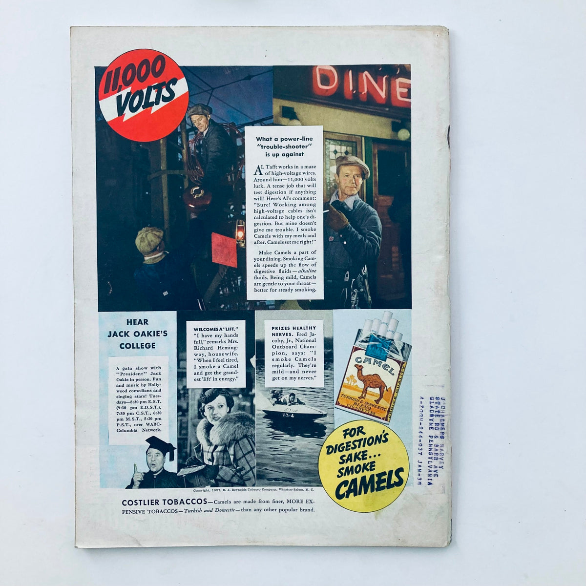 Back cover of VTG Time Magazine May 10 1937, Vol 29 No. 19 featuring an advertisement for Camel cigarettes and an image of electrical workers.