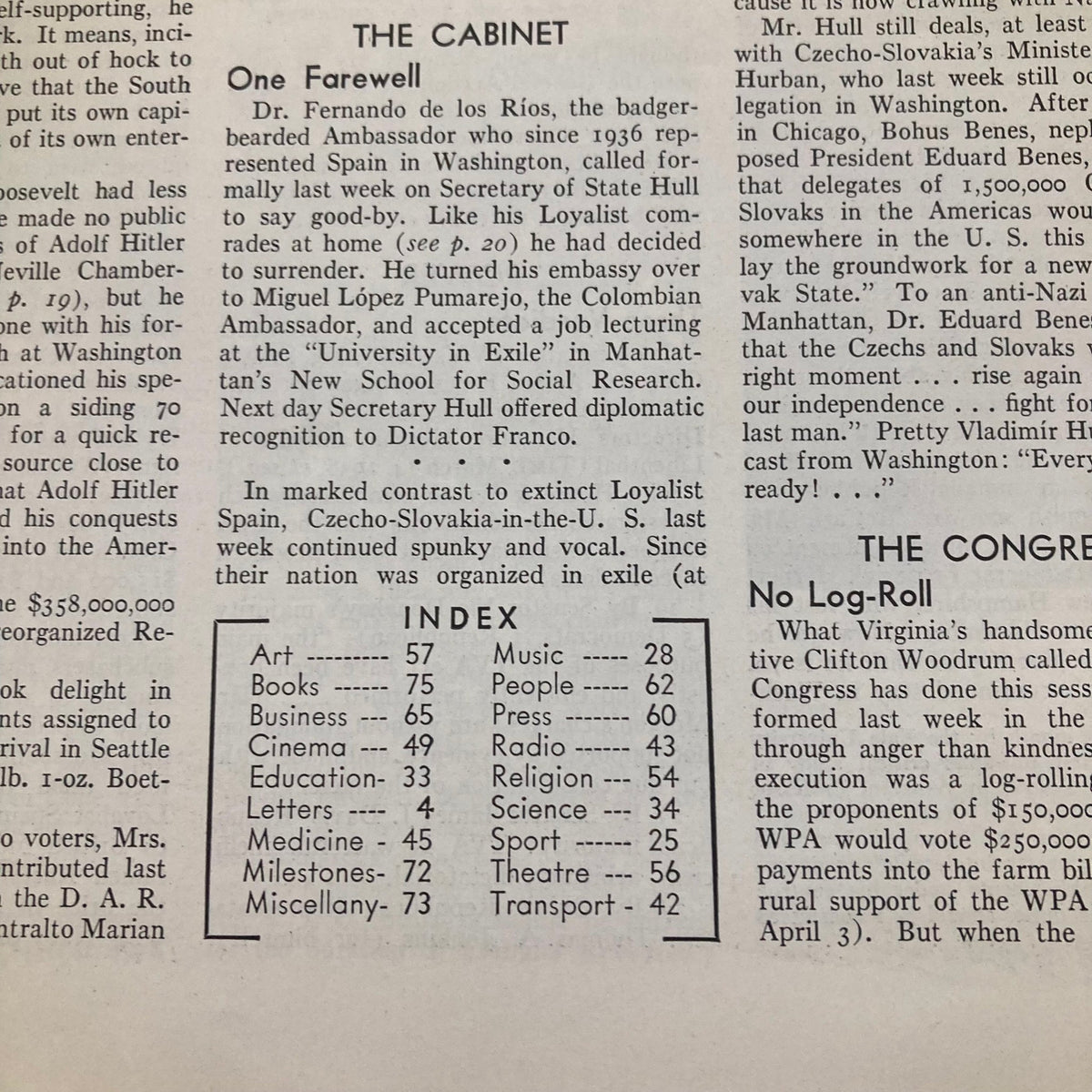 Interior page showcasing a section from VTG Time Magazine April 10 1939 Vol 33 No. 15, including a cabinet article and an index.