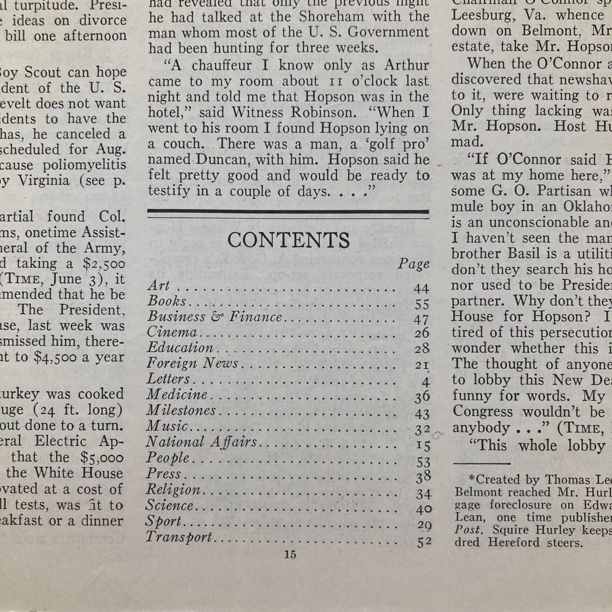 Interior view of a vintage Time Magazine from August 19, 1935, featuring contents listing articles related to American culture, politics, and art, alongside the title 'VTG Time Magazine August 19 1935 Vol 26 No. 8 American Actress Jean Harlow'.