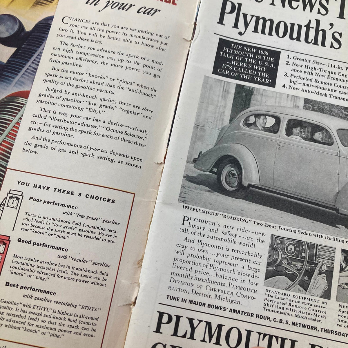Inside pages from VTG Time Magazine November 28 1938 Vol 32 No. 22 featuring automotive advertisements and performance tips.