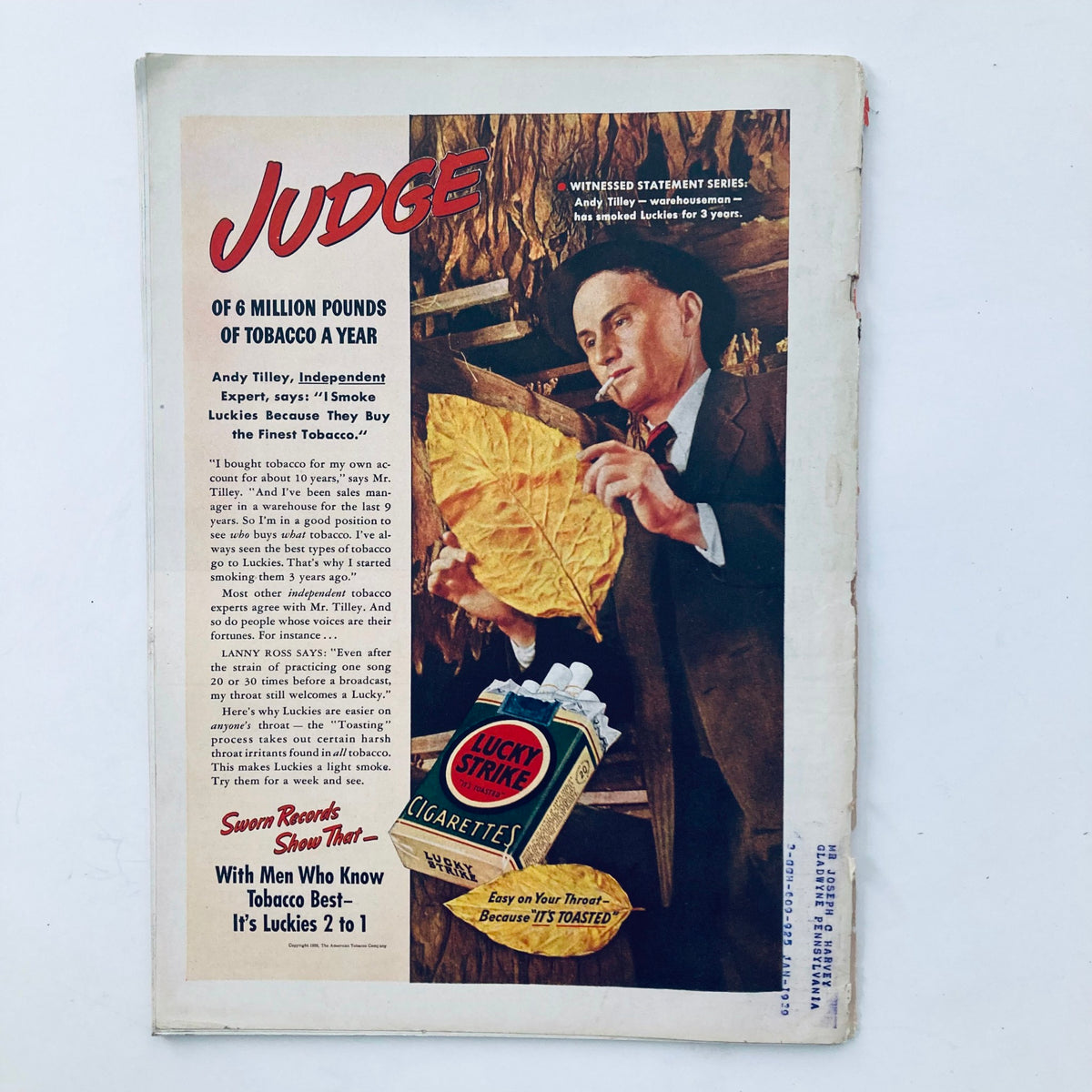 Cover page of VTG Time Magazine November 28 1938 Vol 32 No. 22 showcasing an advertisement for Lucky Strike cigarettes and a tobacco expert.
